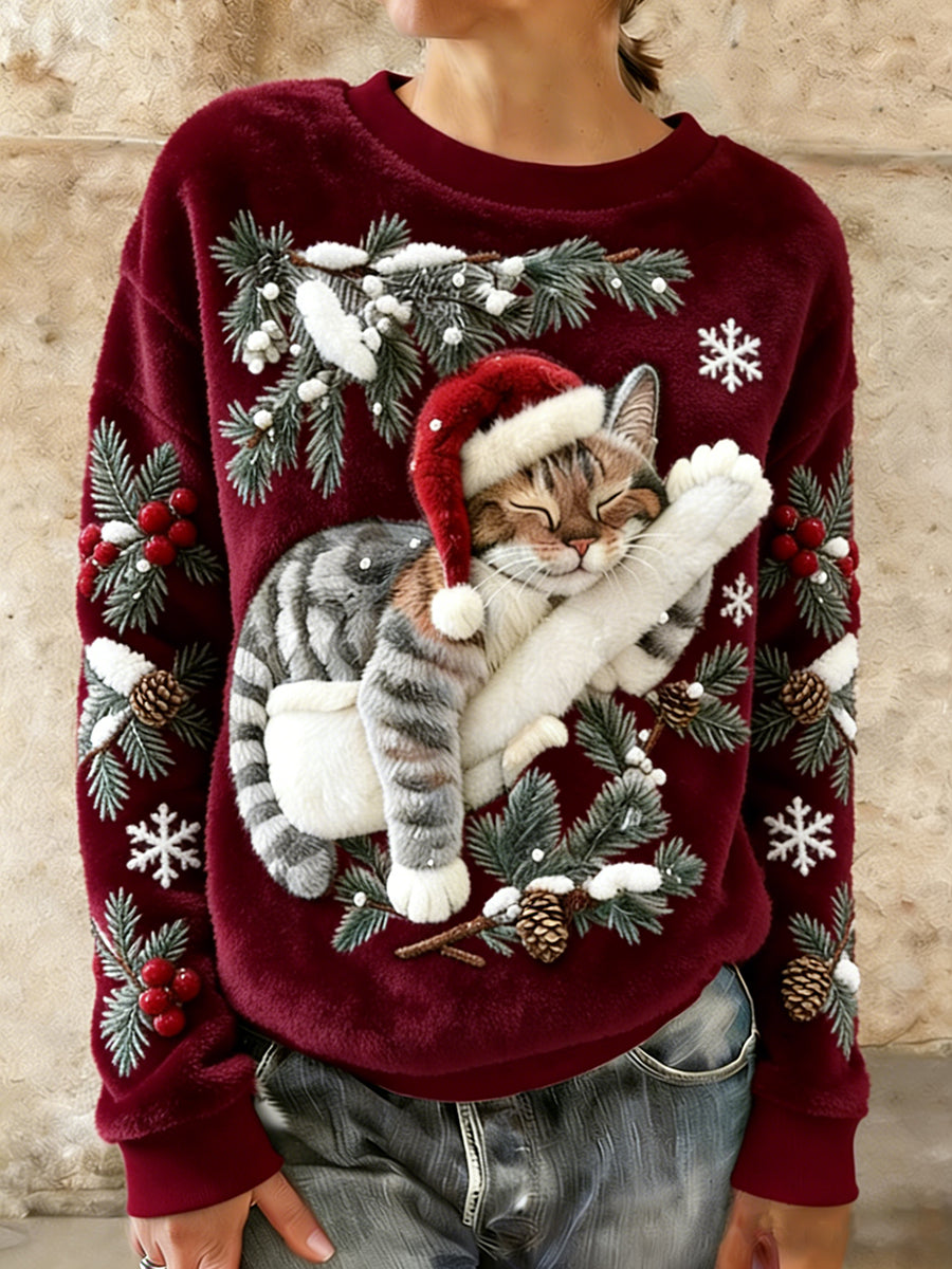 Gato bonito do Natal do mulheres arte impressão Casual flanela Hoodie