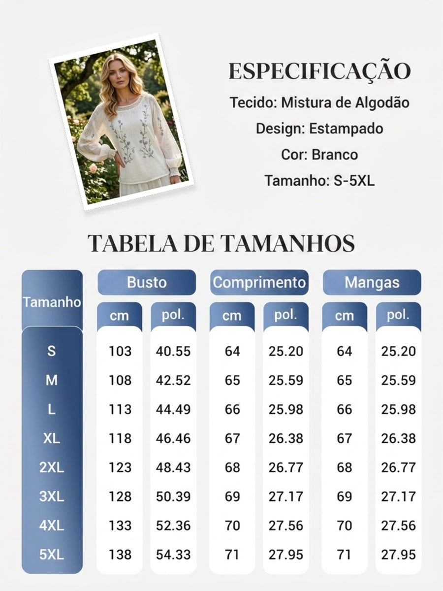 Blusa feminina casual de algodão-linho com estampa floral clássica