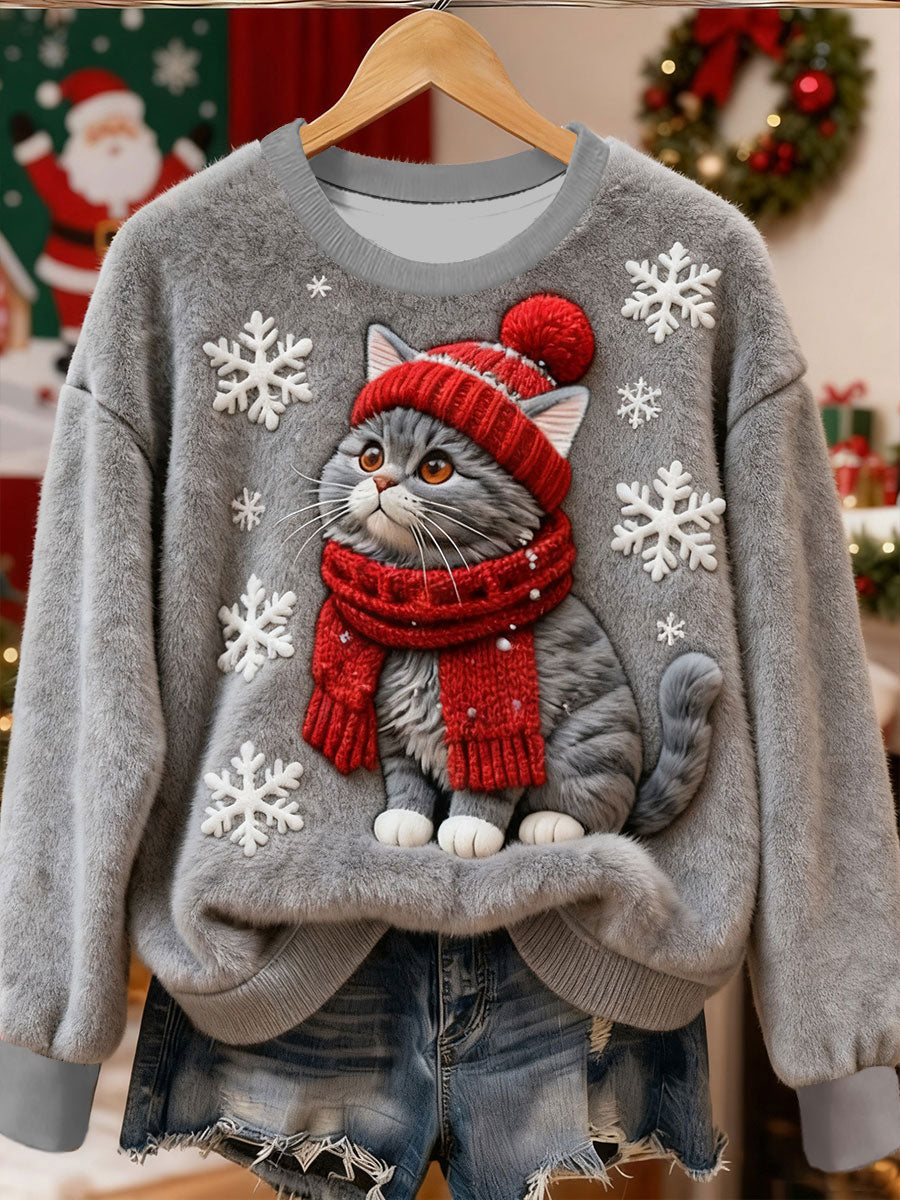 Gato de Natal bonito feminino arte impressão Casual flanela moletom
