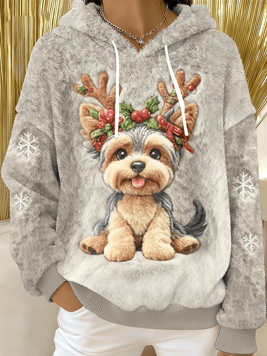 Cão bonito do Natal das mulheres arte impressão Casual flanela Hoodie