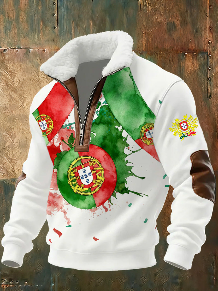 Arte Portuguesa Retro Casual gola de pele grossa moletom masculino