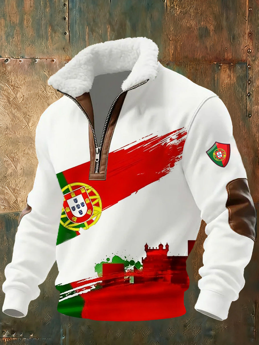 Arte Portuguesa Retro Casual gola de pele grossa moletom masculino