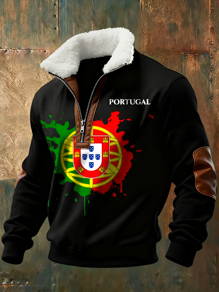 Arte Portuguesa Retro Casual gola de pele grossa moletom masculino