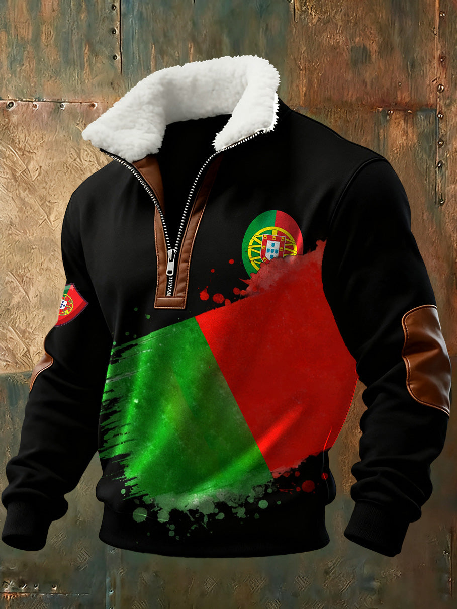 Arte Portuguesa Retro Casual gola de pele grossa moletom masculino