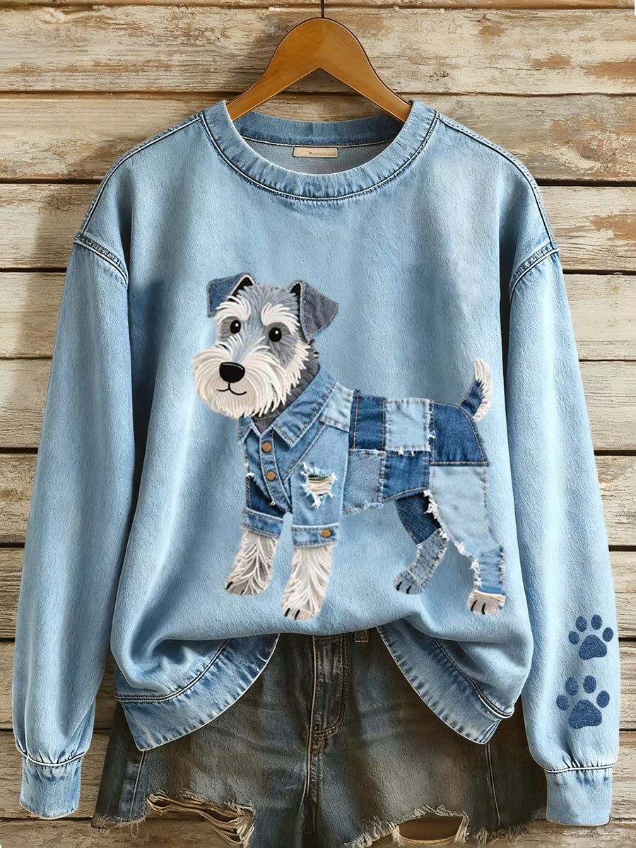 Denim Patchwork arte Schnauzer cão padrão moletom do mulheres