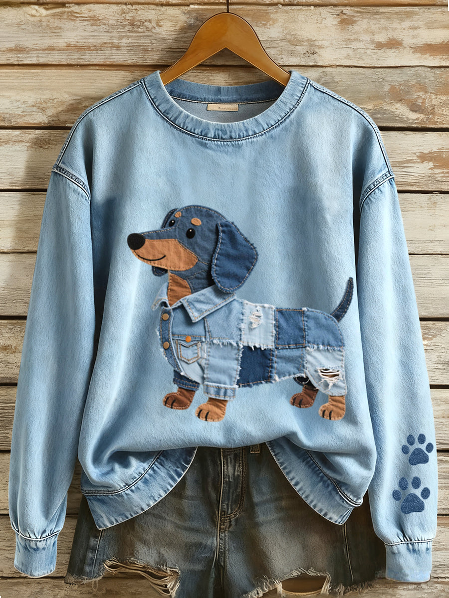 Denim Patchwork arte Dachshund Dog Pattern moletom do mulheres