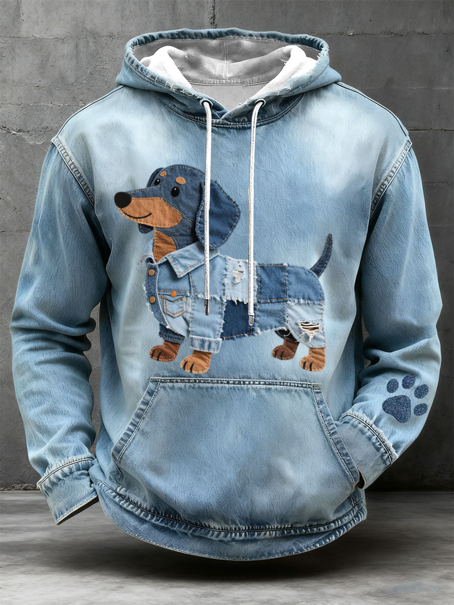 Denim Patchwork arte Dachshund padrão Hoodie dos homens