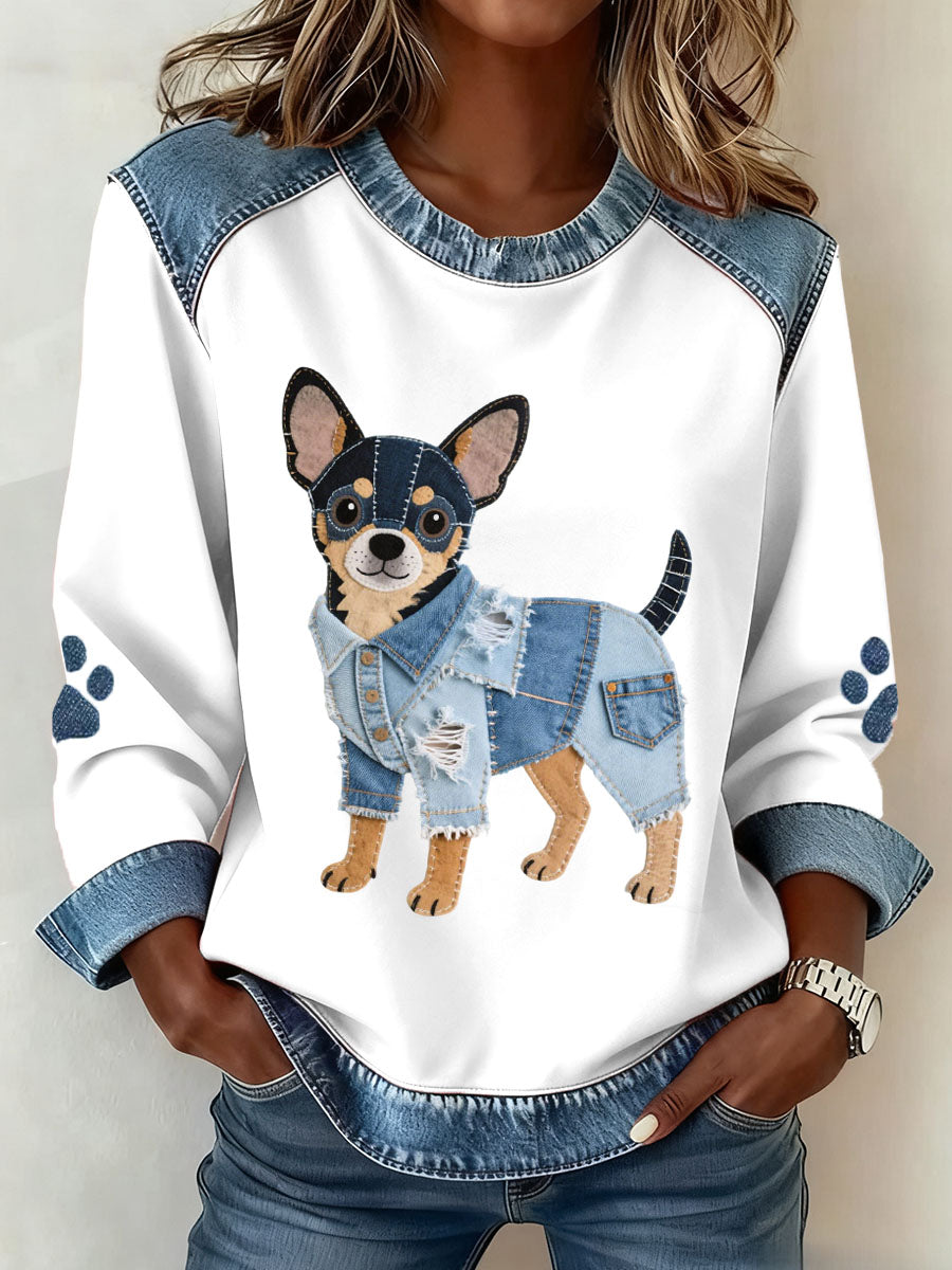 Adorável cão Chihuahua padrão Denim Patchwork Art moletom do mulheres