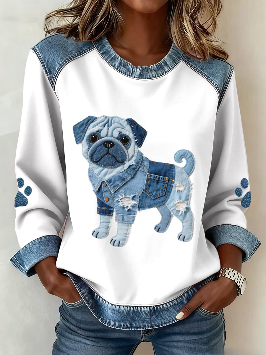 Adorável Pug Dog padrão Denim Patchwork arte moletom das mulheres