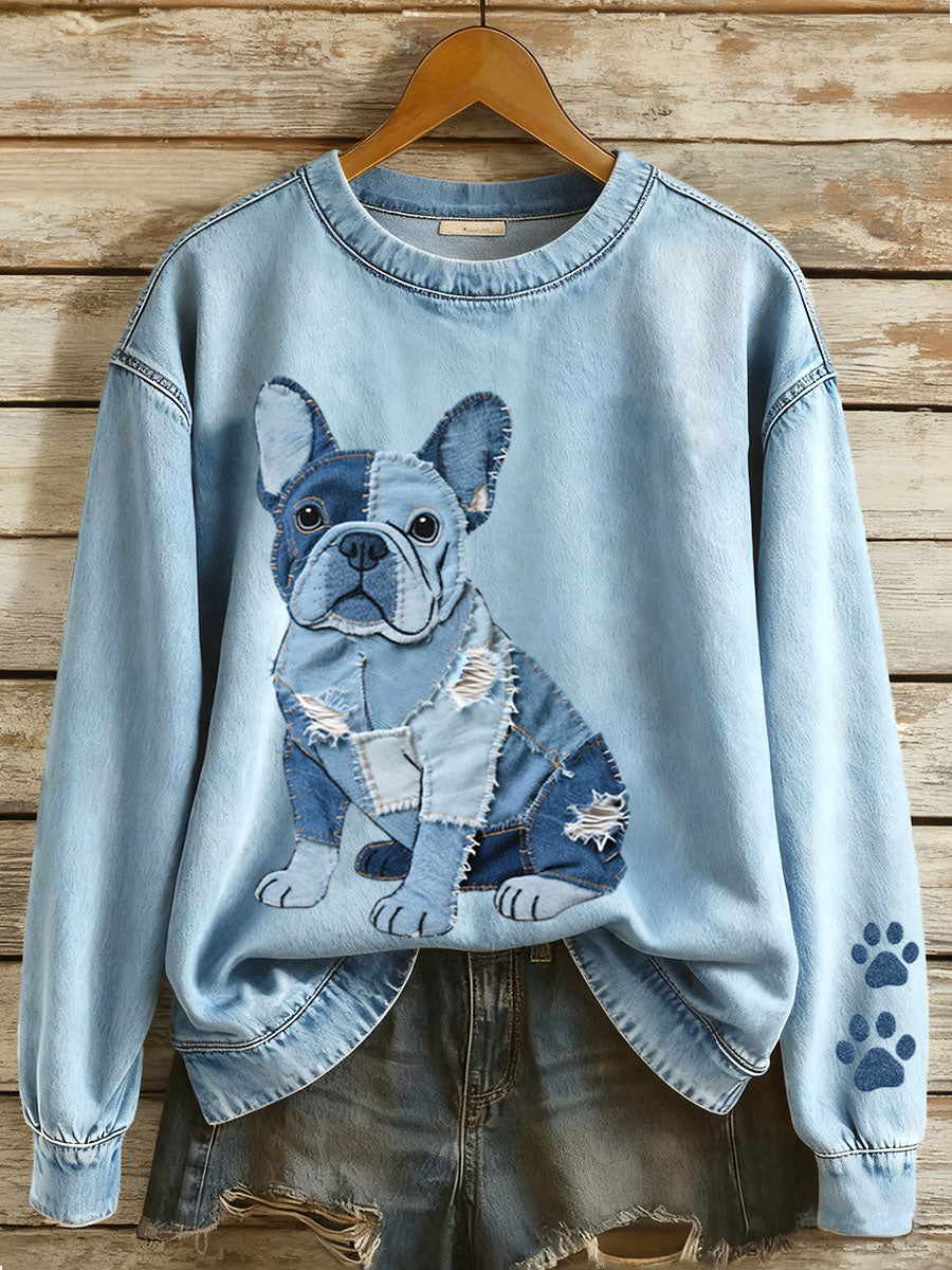 Denim Patchwork arte buldogue francês padrão moletom do mulheres