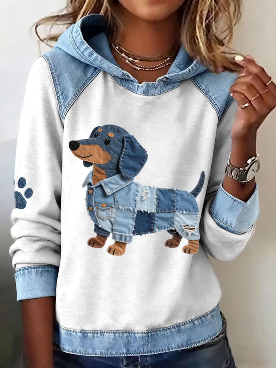 Dachshund padrão Denim Patchwork arte Hoodie das mulheres