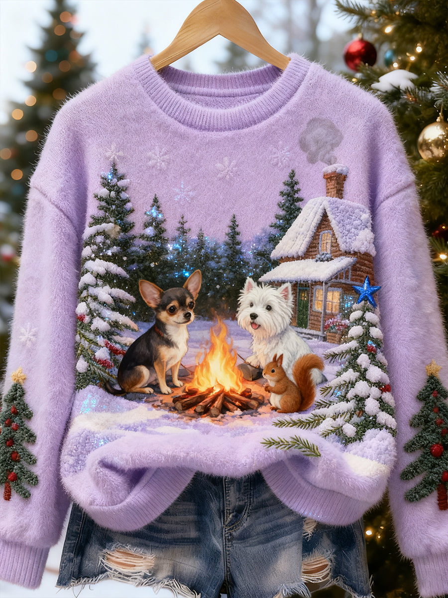 Arte de Natal retro animal feminino impressão Casual flanela Top