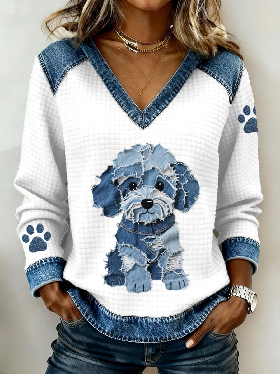 Adorável cão padrão Denim Patchwork V-Neck Top feminino