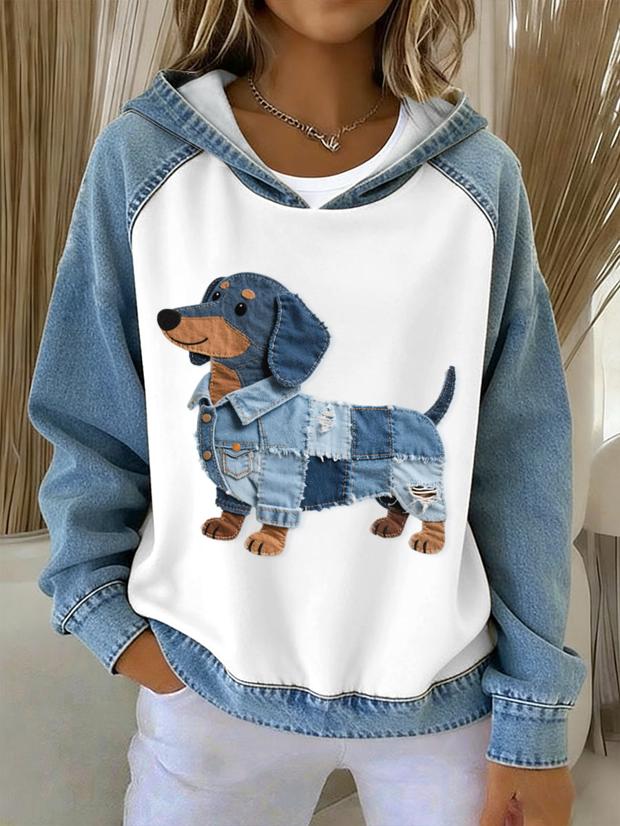Adorável cão Dachshund padrão Denim Patchwork Hoodie do mulheres