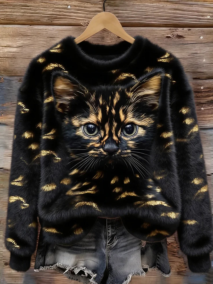 Arte animal retro impressão confortável top de flanela feminino