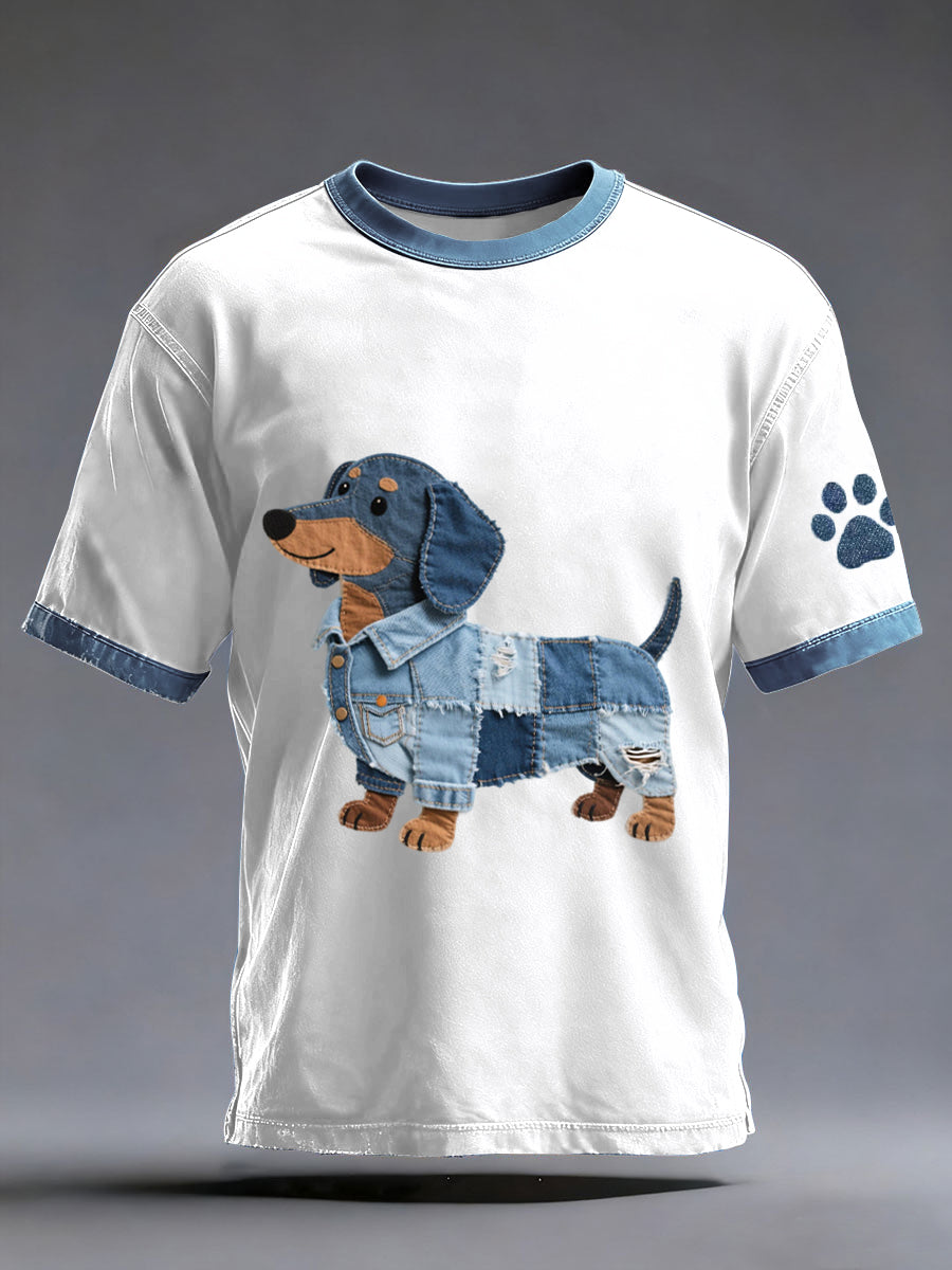 Denim Patchwork arte Dachshund Dog padrão do homens lavado t-shirt