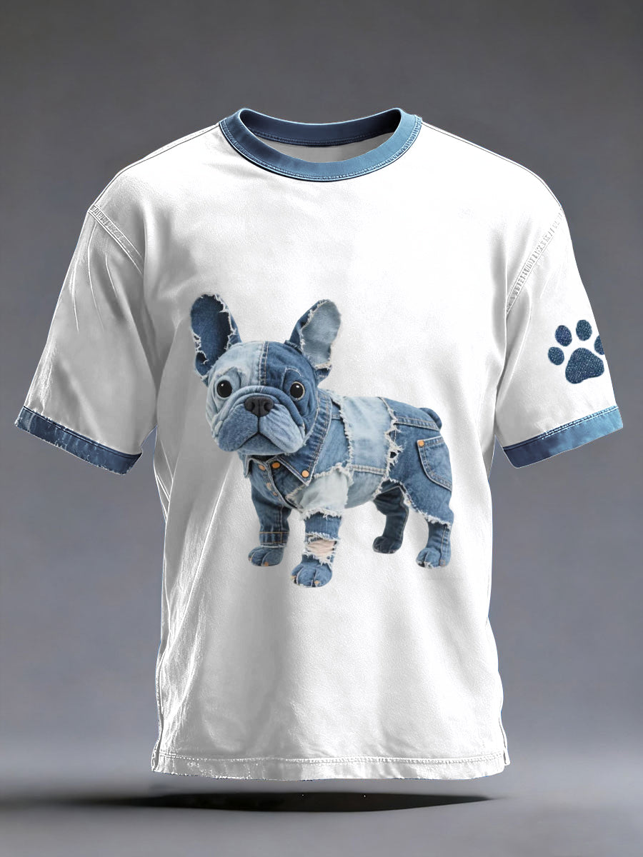 Denim Patchwork arte buldogue francês padrão masculino lavado t-shirt