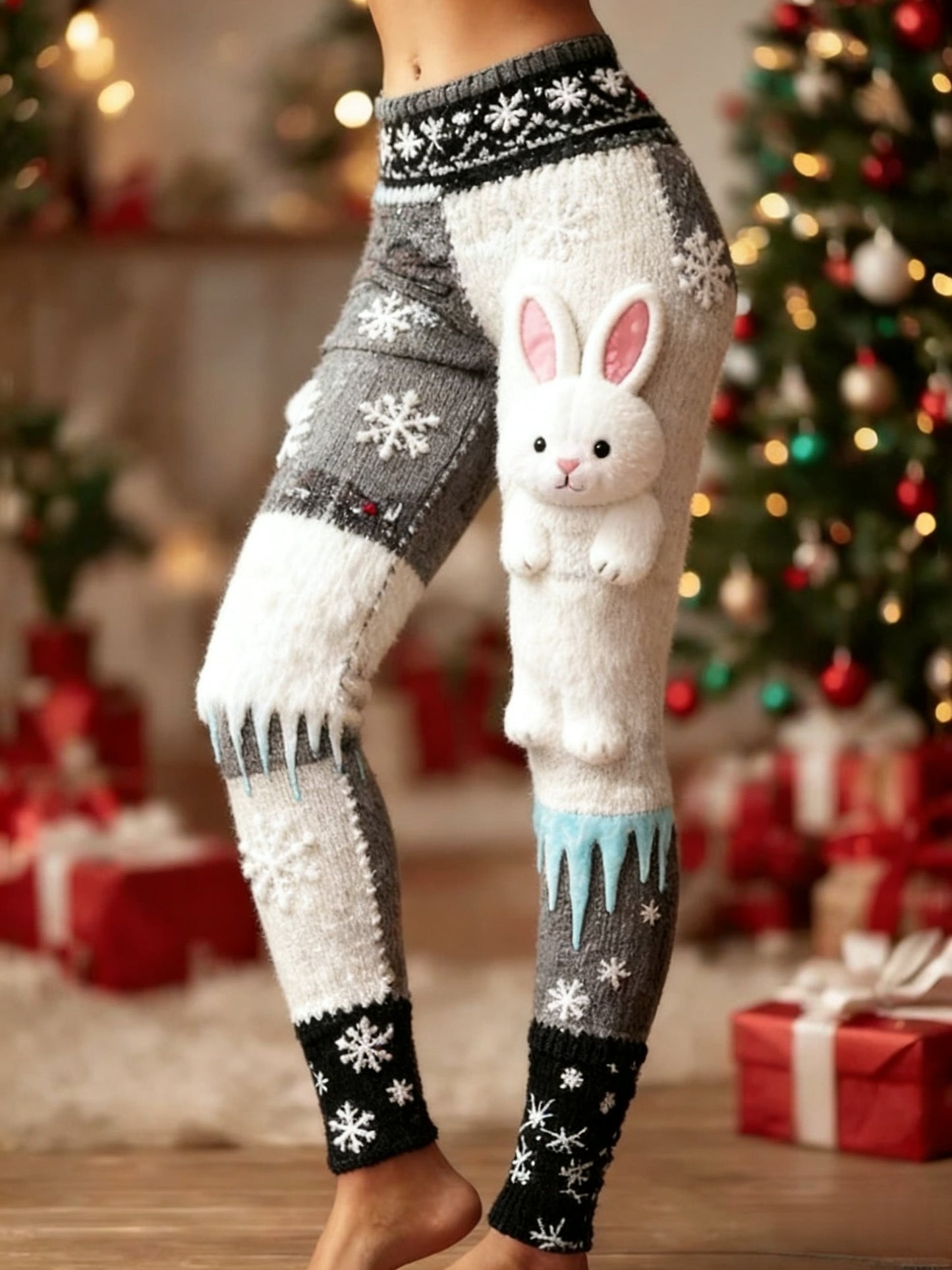 Retro Natal coelho floco de neve Patchwork esportes estiramento Leggings feminino