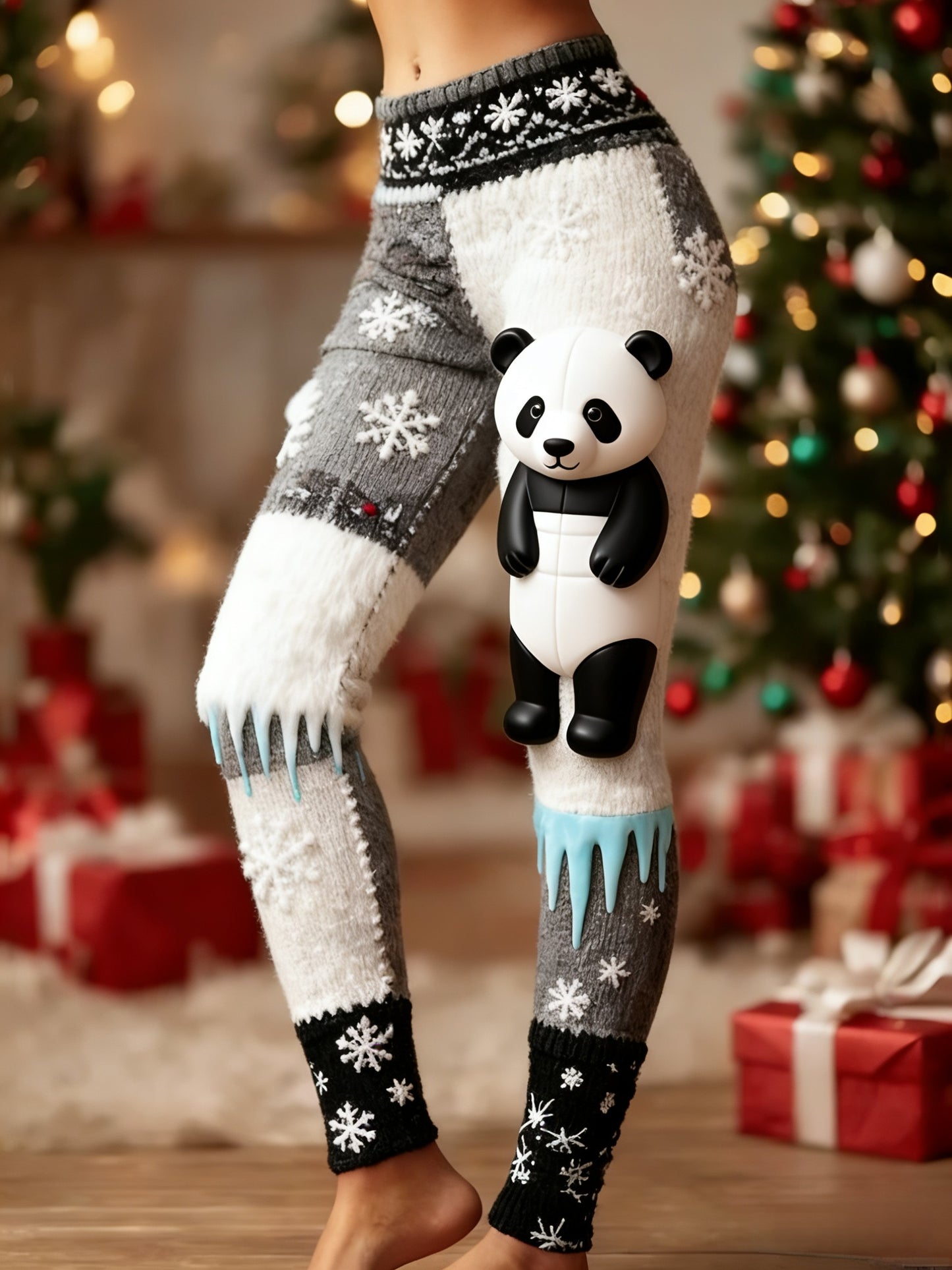 Retro Natal Panda Snowflake Patchwork feminino esportes estiramento Leggings