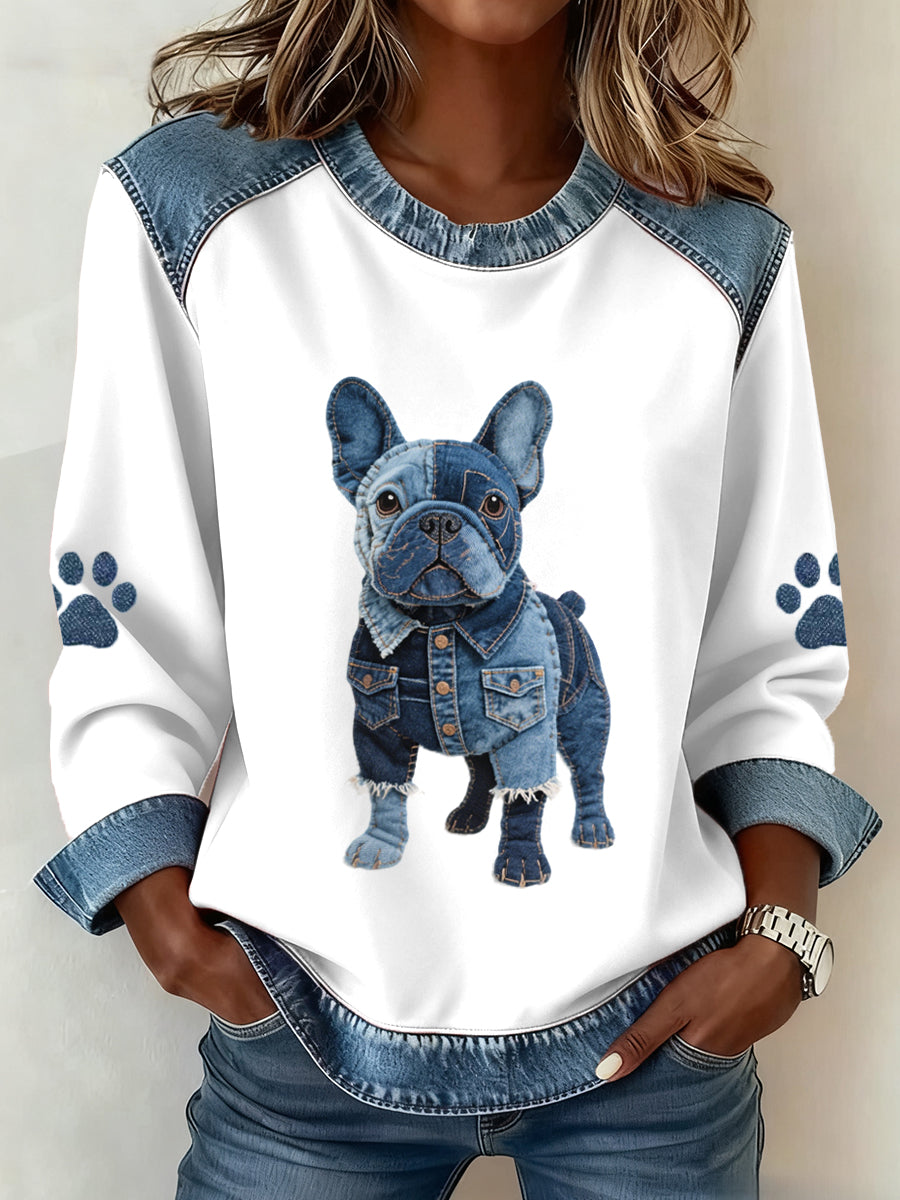 Adorável buldogue francês padrão Denim Patchwork moletom do mulheres