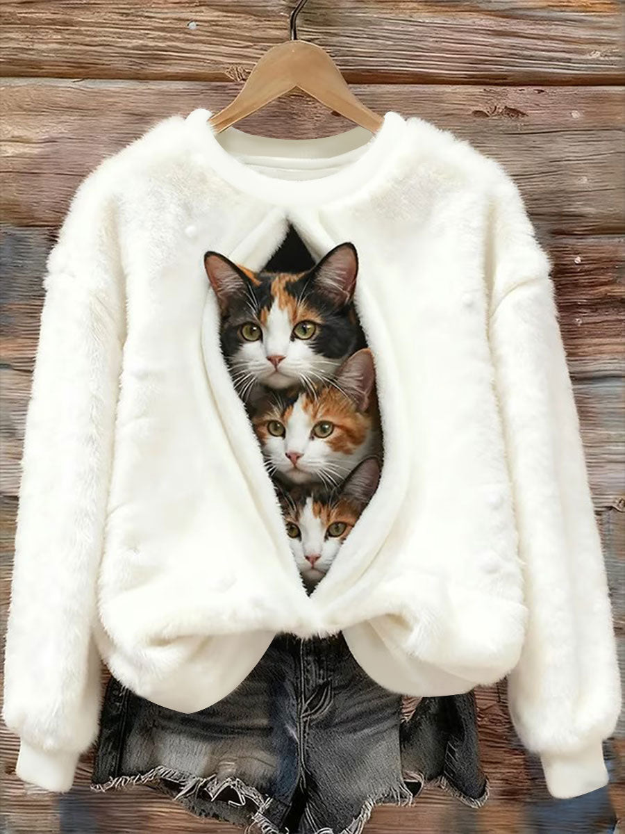 Camisola de flanela impressa gato feminino