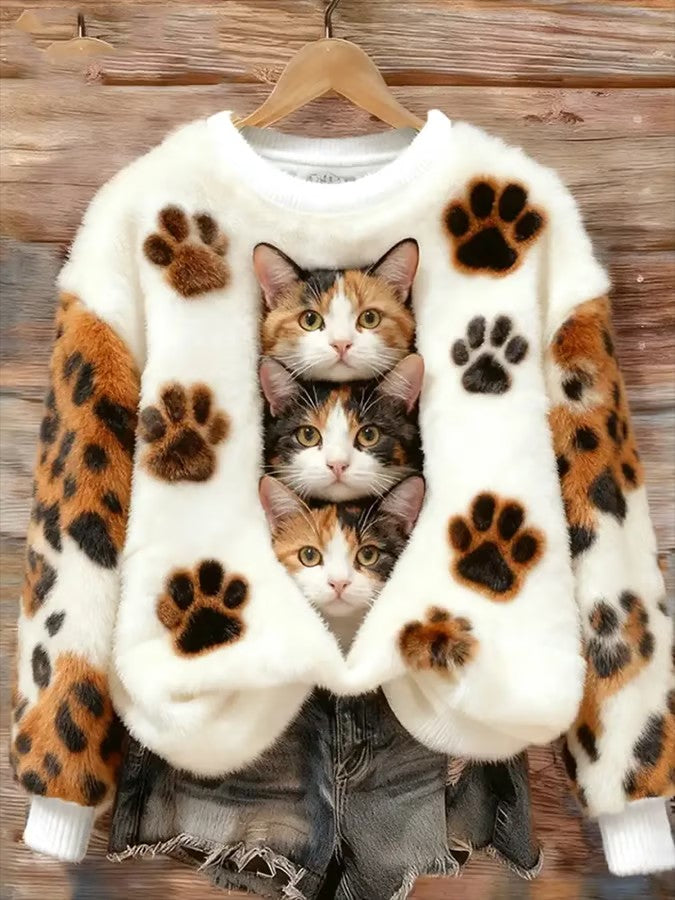 Camisola de flanela impressa gato feminino
