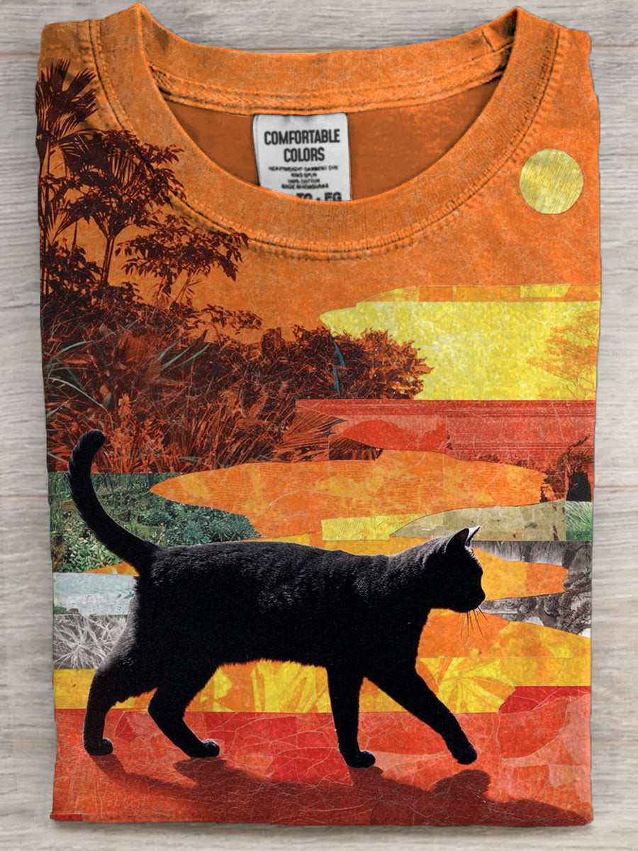 Paisagem abstrata gato impressão casual manga curta t-shirt