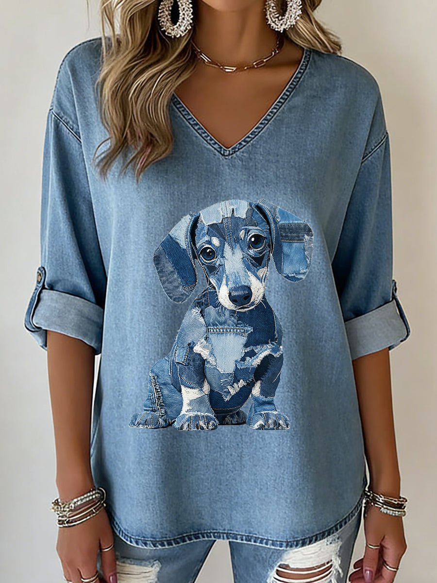 Animal Print V-Neck Mid-Sleeve feminino impresso T-shirt Casual