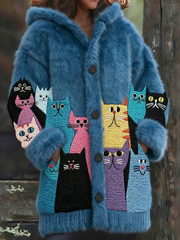 Animal gato das mulheres imprimir flanela casaco quente