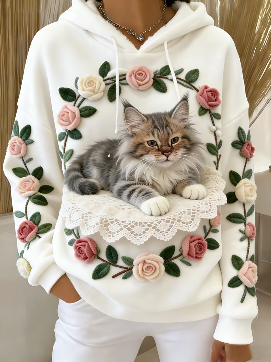 Arte Animal retro feminino imprime moletom com capuz de flanela confortável