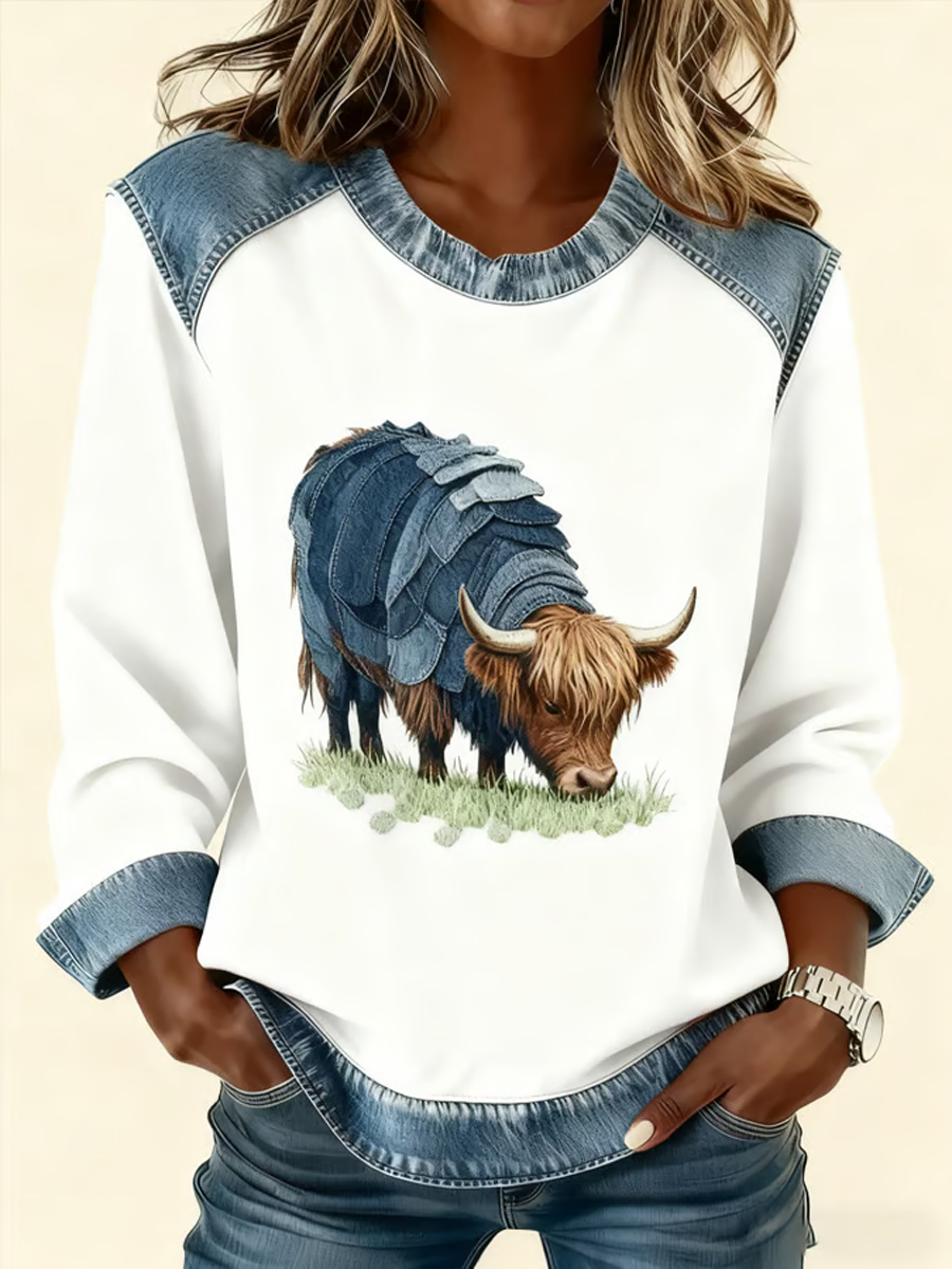 Animal Highland vaca do mulheres impressão Denim patchwork Top