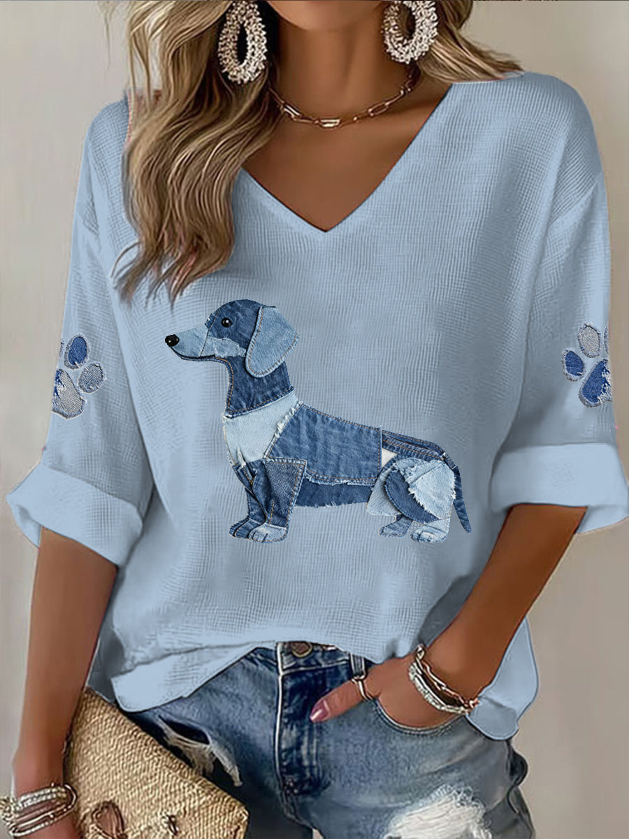Animal Print V-Neck Mid-Sleeve feminino impresso T-shirt Casual
