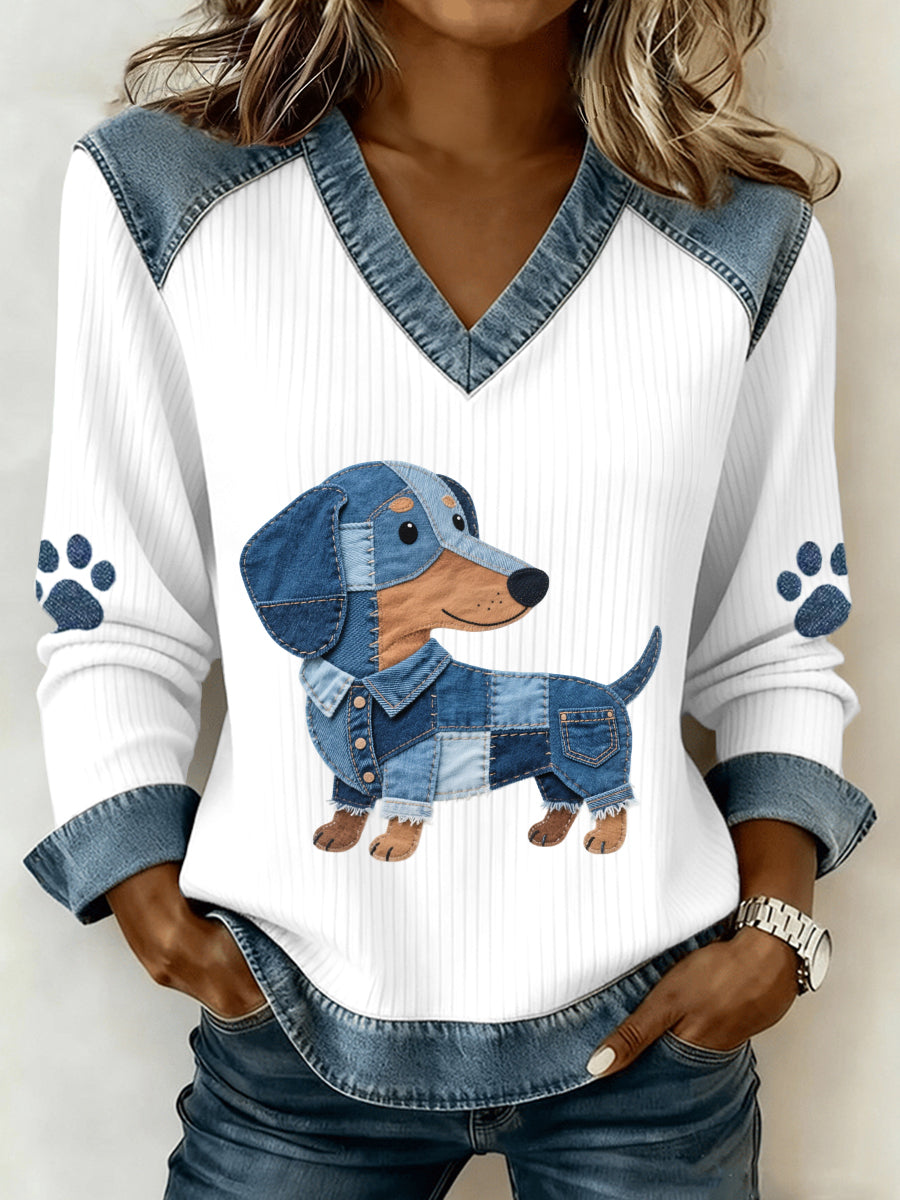 Lindo Dachshund padrão Denim Patchwork v-Neck Top feminino