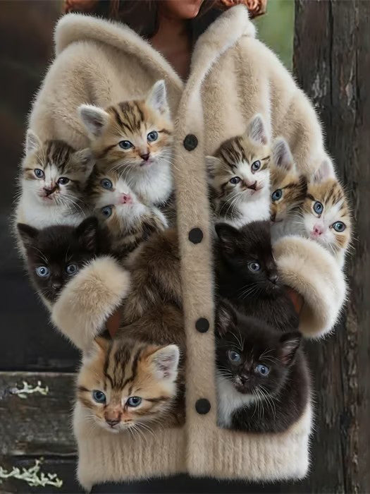 Animal gato das mulheres imprimir flanela casaco quente