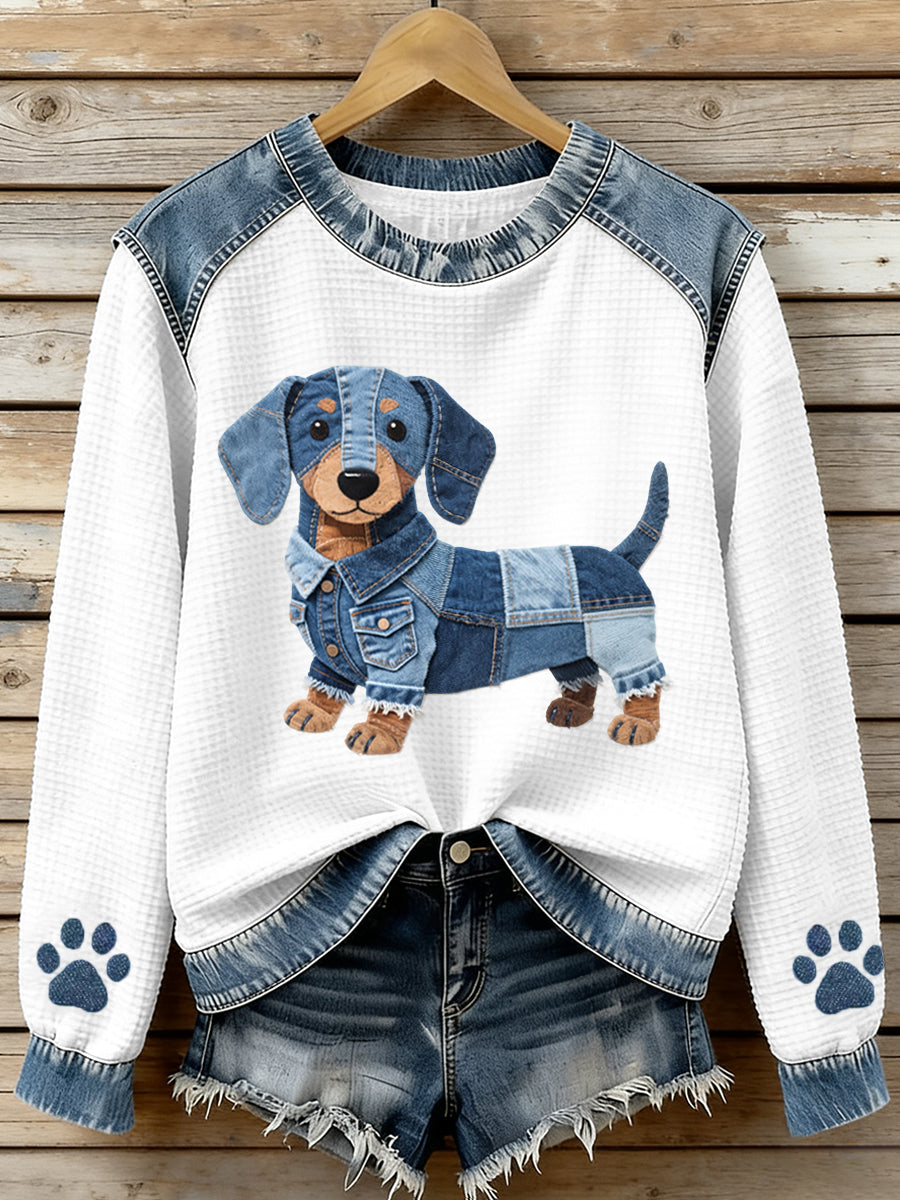Adorável Dachshund padrão Denim Patchwork Waffle moletom das mulheres