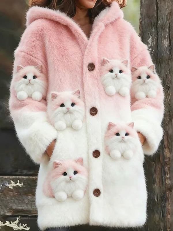 Animal gato das mulheres imprimir flanela casaco quente