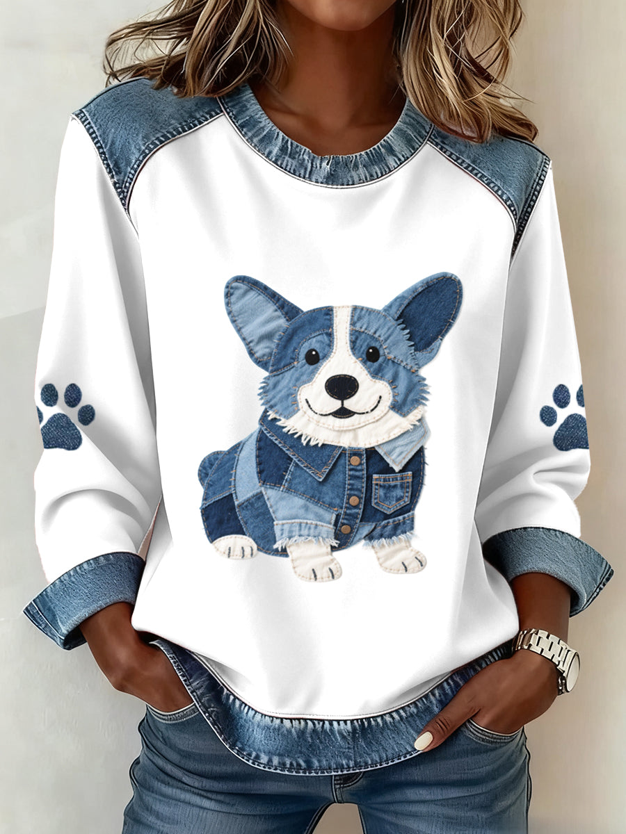 Adorável Corgi Pattern Denim Patchwork moletom das mulheres