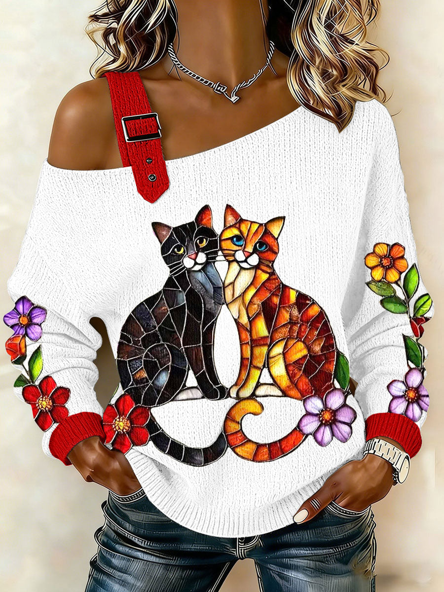 Tops de impressão de gatos femininos
