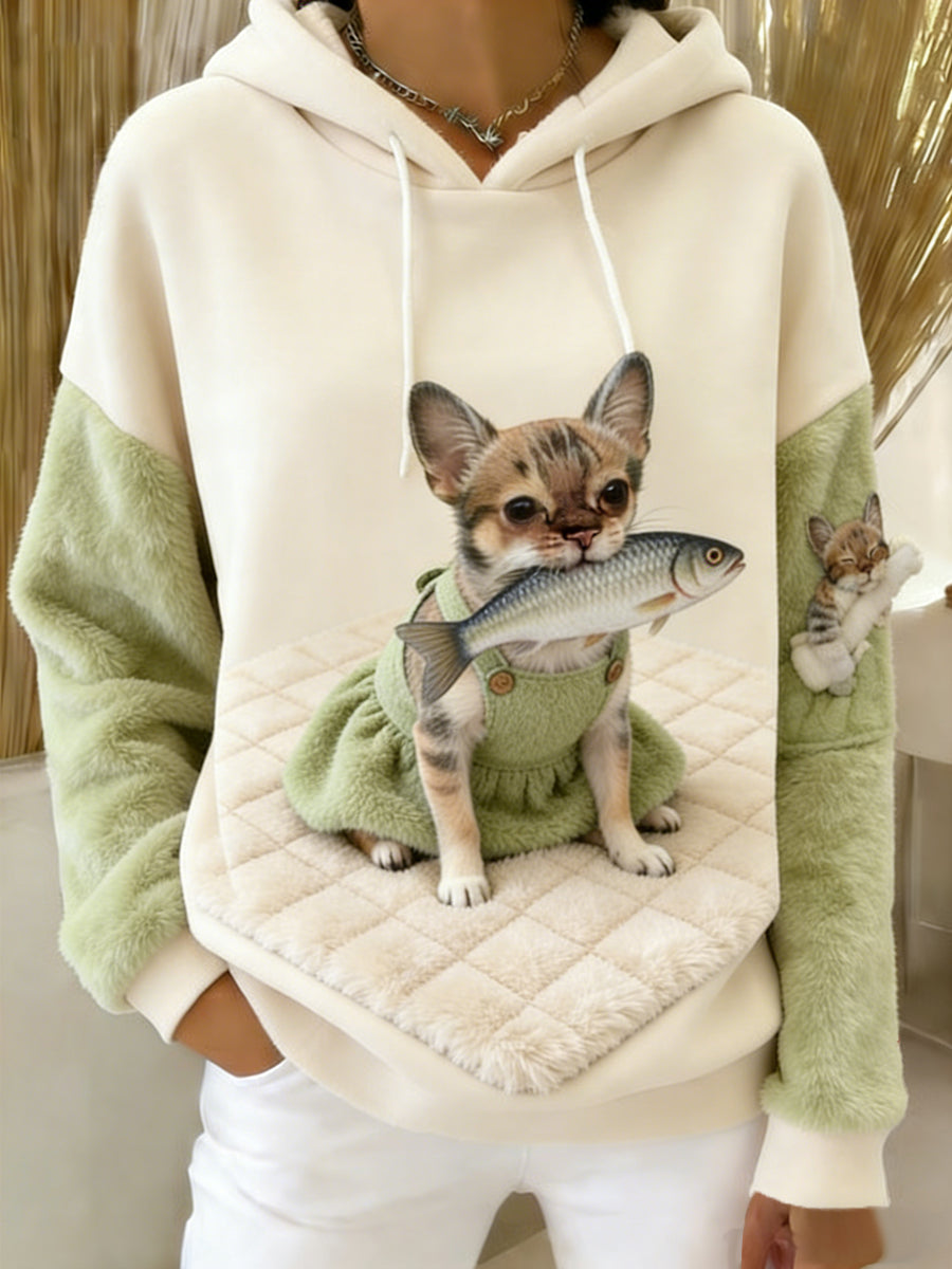 Arte Animal retro feminino imprime moletom com capuz de flanela confortável