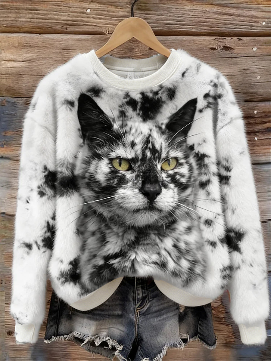 Arte animal retro impressão confortável top de flanela feminino