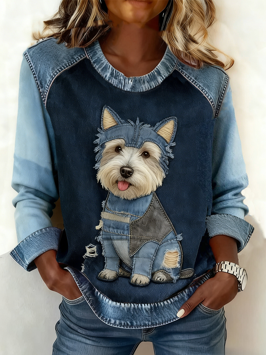 Arte animal retro impressão confortável Denim Patchwork Top das mulheres