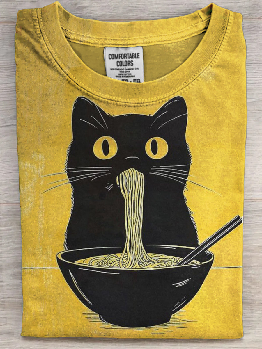 Engraçado Ramen Cat Imprimir Casual Manga Curta T-shirt