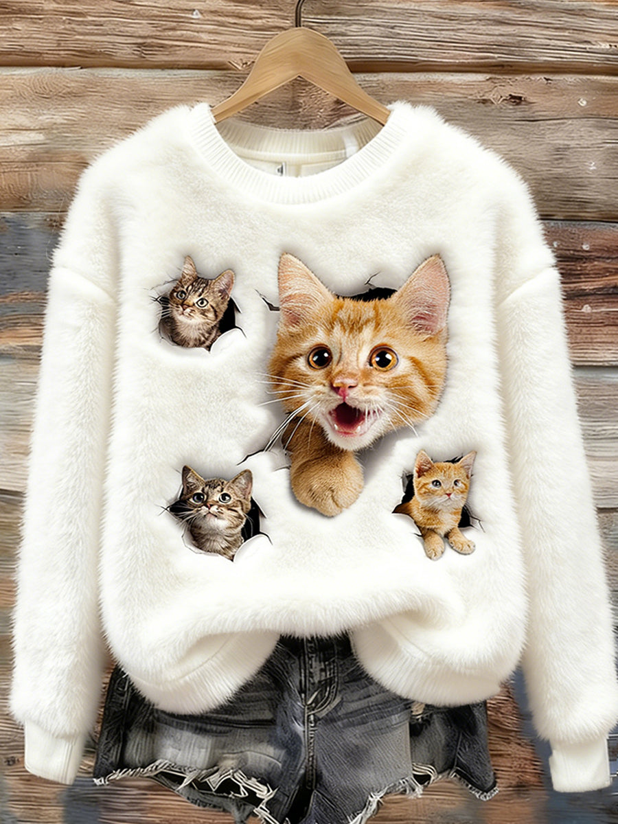 Arte animal retro impressão confortável top de flanela feminino