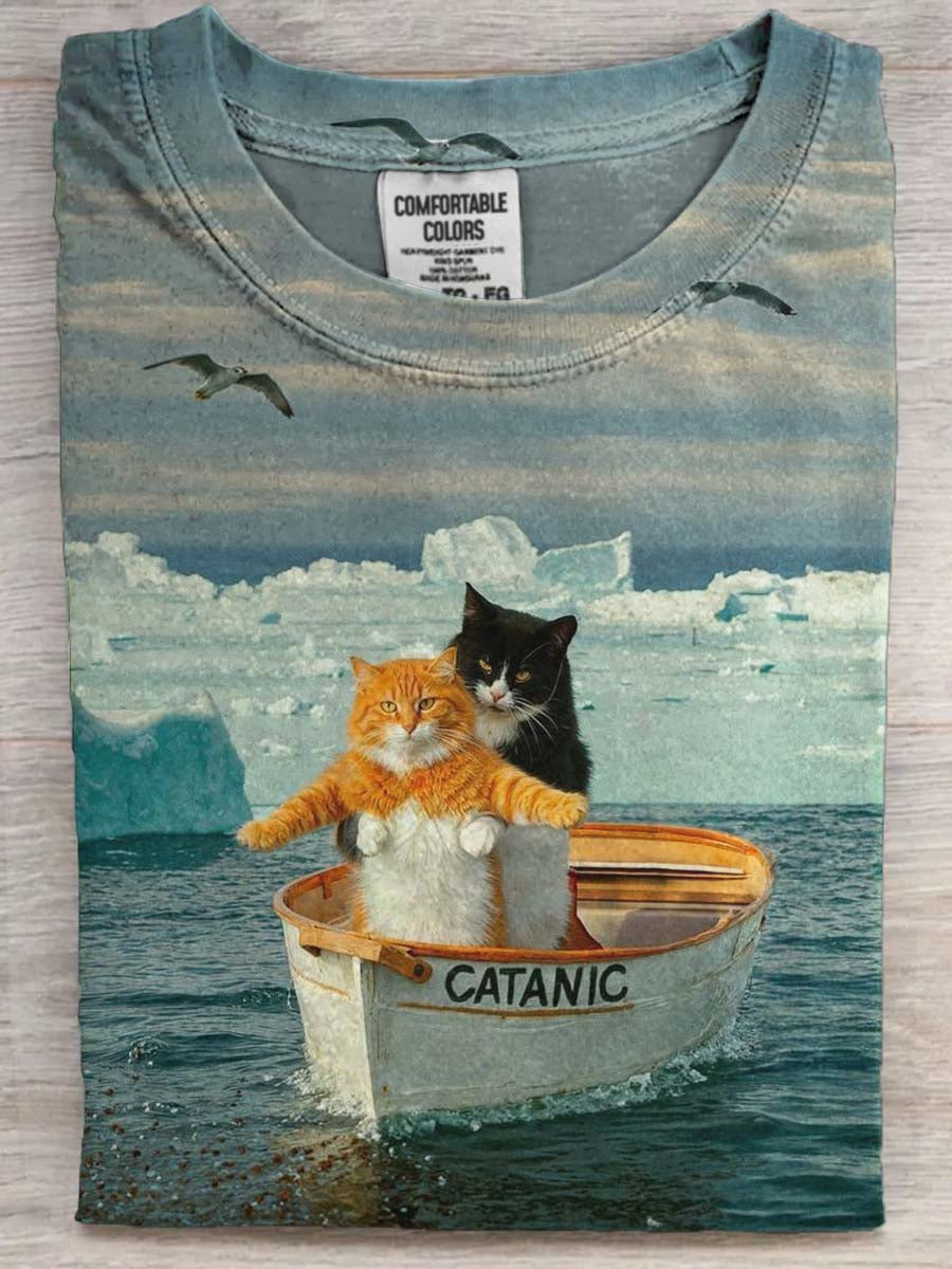 Gato engraçado imprimir camiseta casual de manga curta