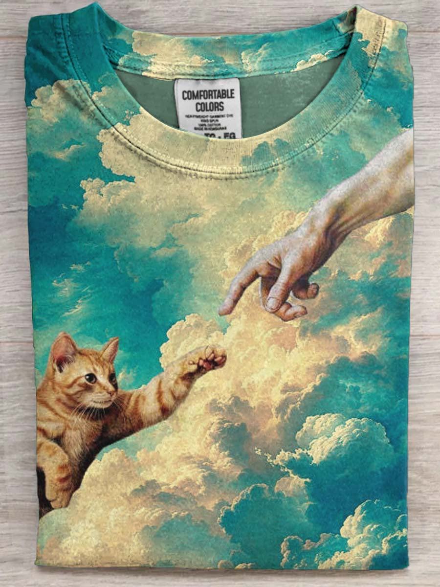 Gato engraçado imprimir camiseta casual de manga curta