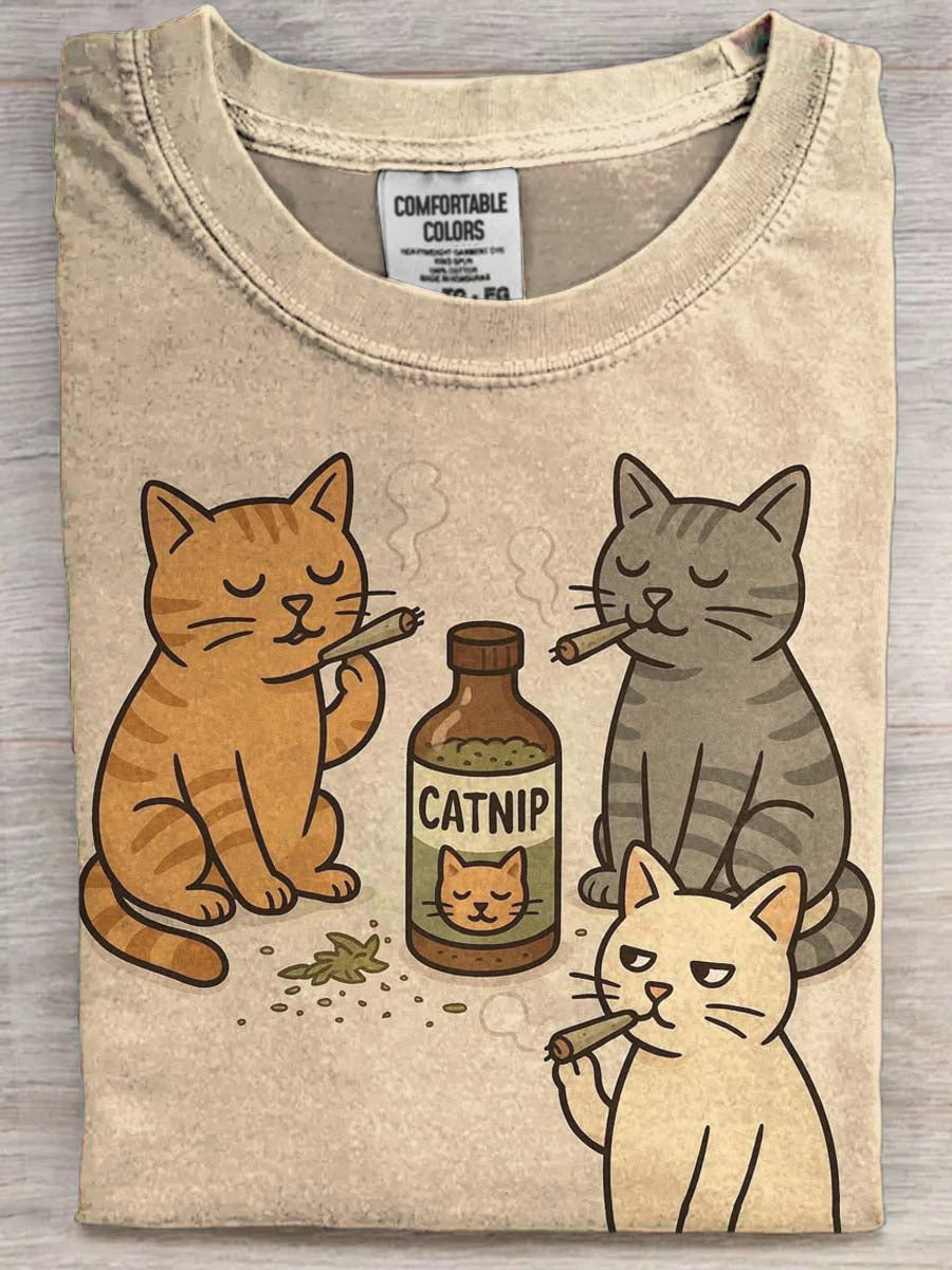 Gato engraçado imprimir camiseta casual de manga curta