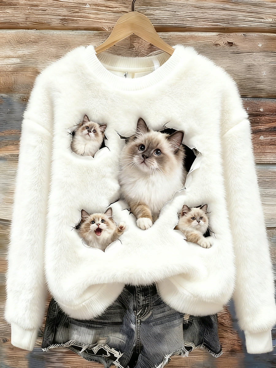 Arte animal retro impressão confortável top de flanela feminino