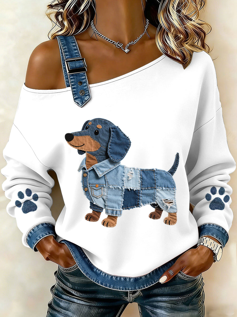 Adorável Dachshund padrão Denim Patchwork Top das mulheres