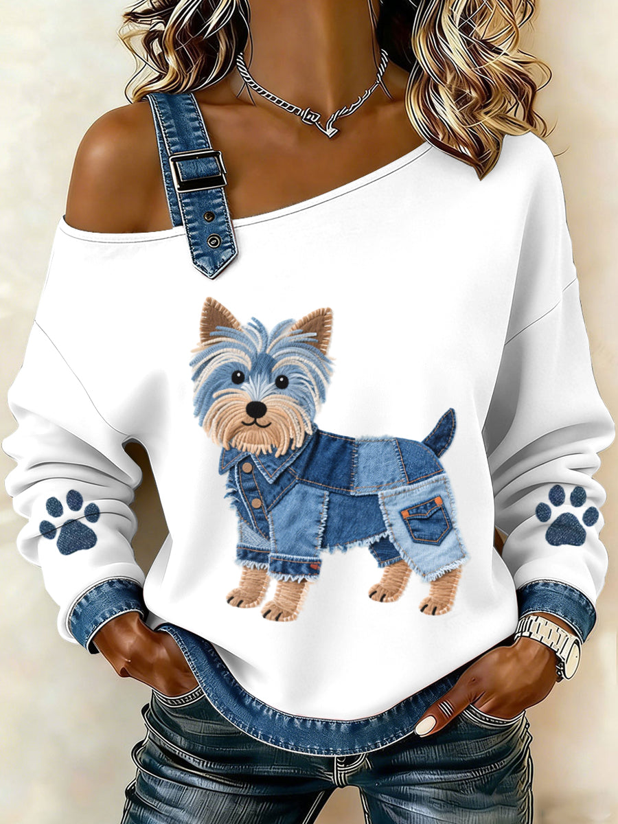 Adorável Yorkshire Terrier padrão Denim Patchwork Top das mulheres