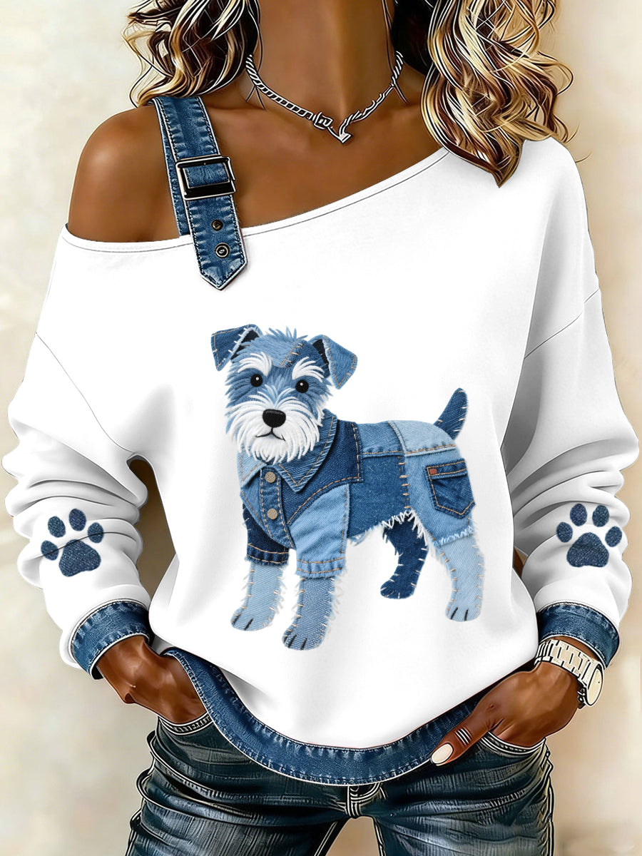 Adorável cão Schnauzer padrão Denim Patchwork Top das mulheres